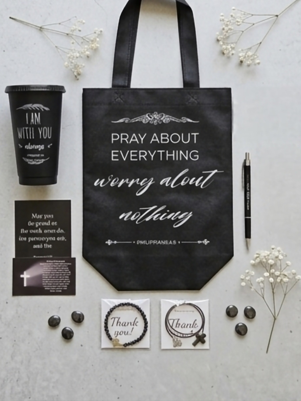 7 Pc- Inspirational Prayer Tote & Accessories Set - [Black & White] - Picture 3 of 4